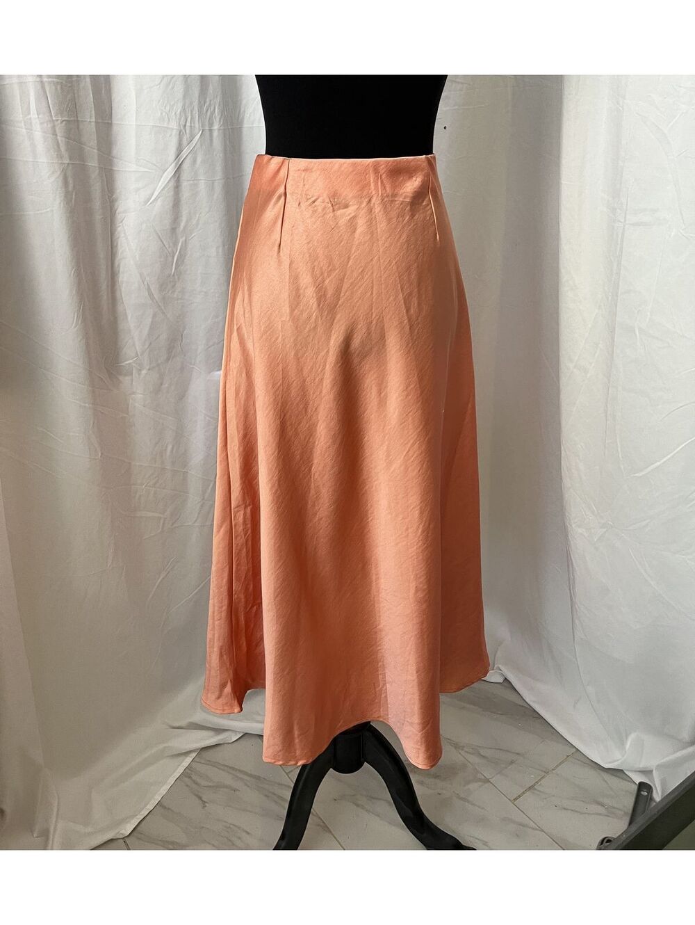 Peach Satin Midi Skirt with Side Zipper